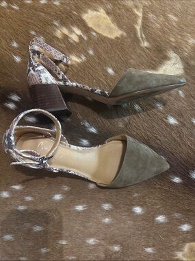 Crown Vintage Olive Suede Pointed-Toe Ankle-Strap Heels with Snake-Print Accent